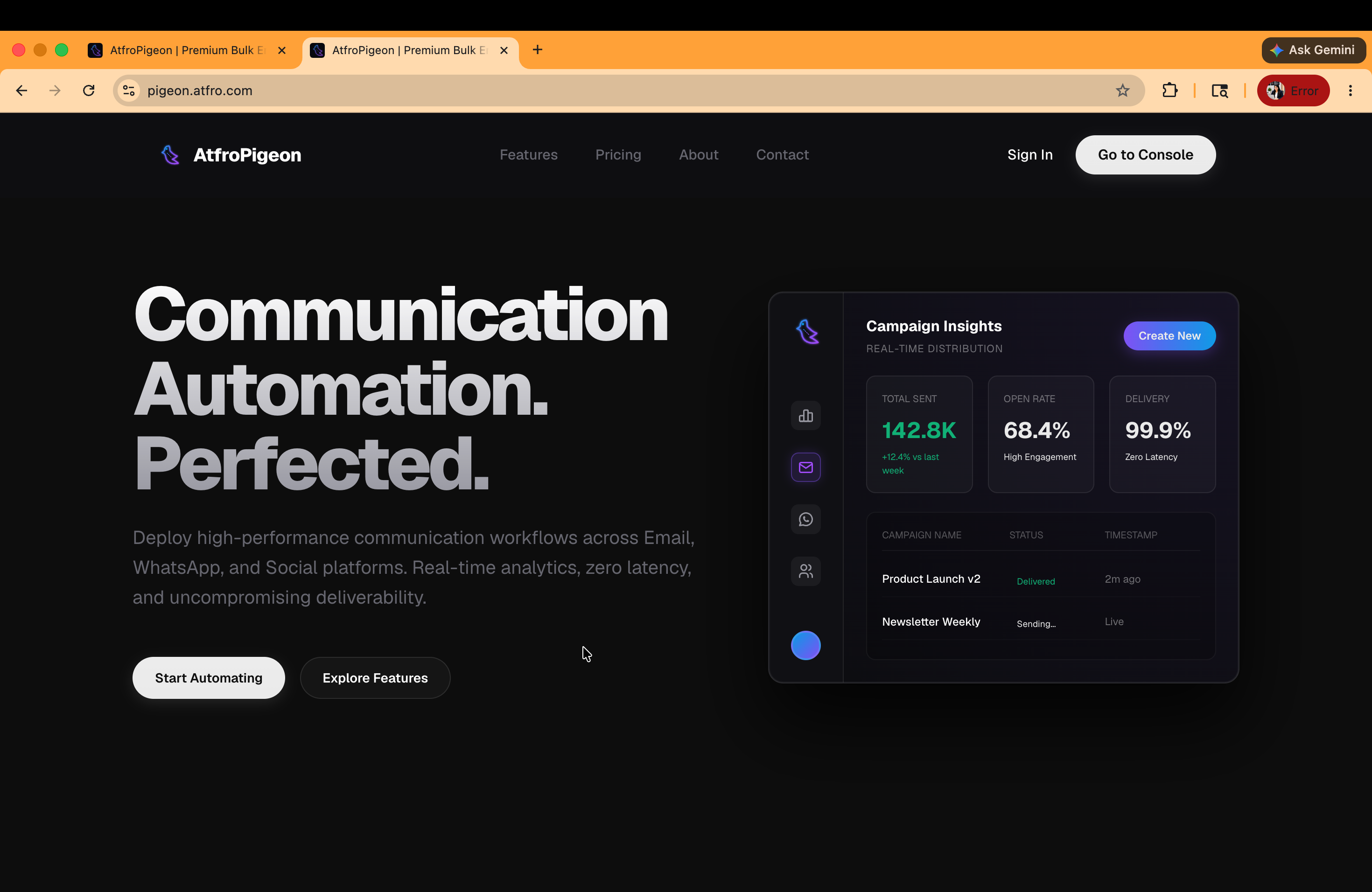 AtfroPigeon landing page showing communication automation positioning and campaign insights preview