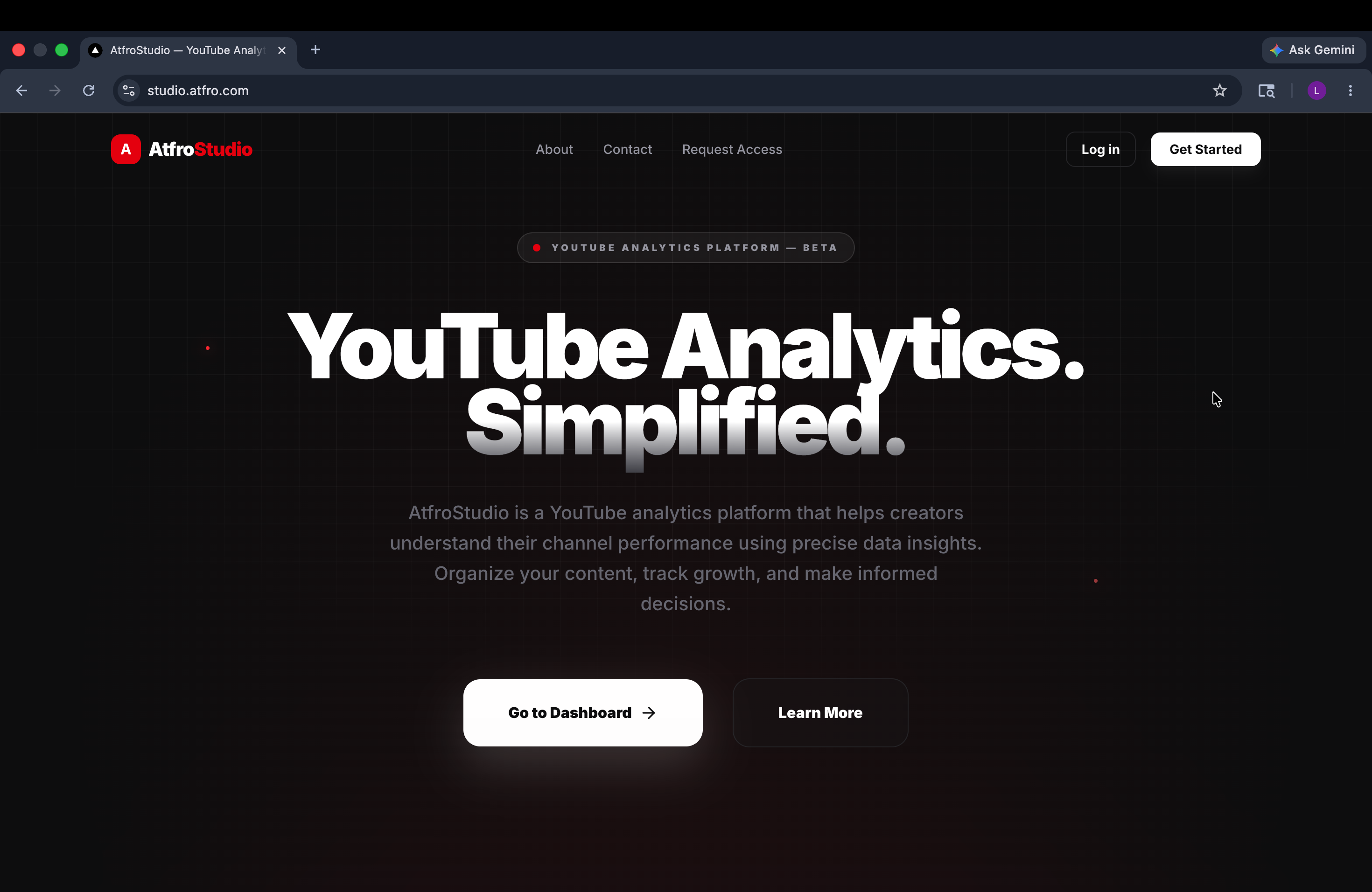 AtfroStudio landing page showing YouTube analytics platform positioning